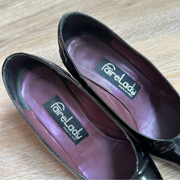 Vintage Faire Lady Black Patent Leather Pumps Aztec Cross Stitch Shoes Size 37 - Picture 13 of 16